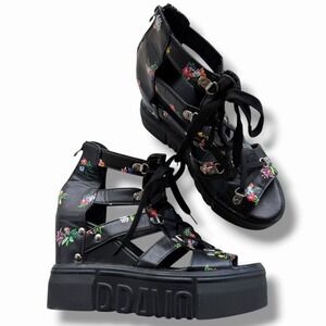 Women 42 Black Pink Floral Platform Chunky Lace Up Wedge Gladiator Sandals Roman